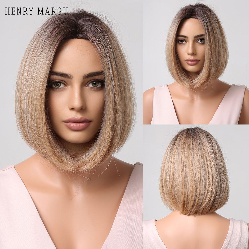 HENRY MARGU Short Bob Synthetic Wigs Ombre Black Brown White Natural Straight Wigs for Women Middle Part Daily Heat Resistant