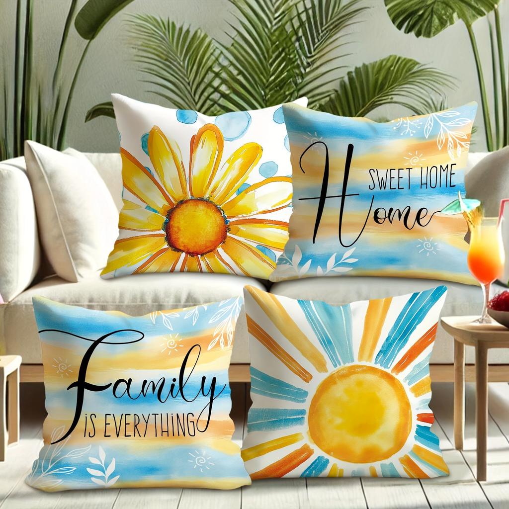 Cheerful Watercolor-Style Pillow Cover with Sunflower, Sun, and Heartwarming Family & Home Motifs Sofa Cushion Cover