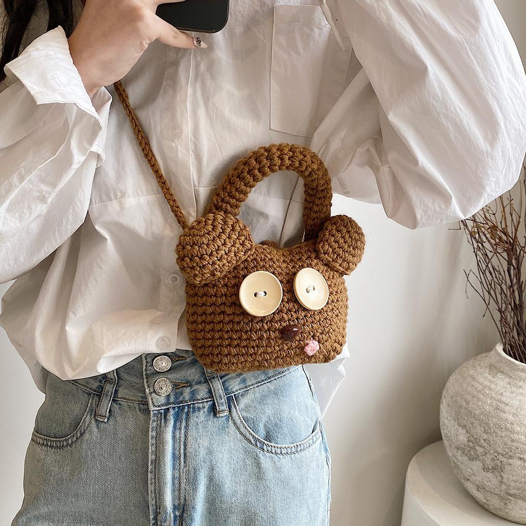 2025 Autumn and Winter New DIY Handmade Wool Woven Mini Cute Portable Messenger Bear Bag Cartoon Finished Bag