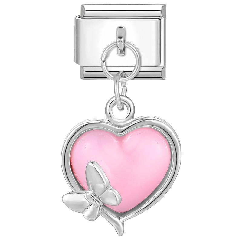Sweet Cute Bow Knot Butterfly Pink Blue Heart Italian Charm Links Fit 9mm Stainless Steel Bracelet Women DIY Making Zircon Gift