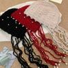 Pearl Tassel Knitted Pullover Hat Hollow Out Pendant Headband Hat Fringed Beanie Cap  for Women
