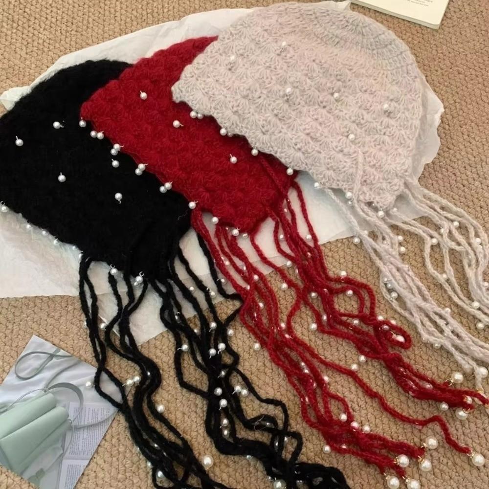 Pearl Tassel Knitted Pullover Hat Hollow Out Pendant Headband Hat Fringed Beanie Cap  for Women