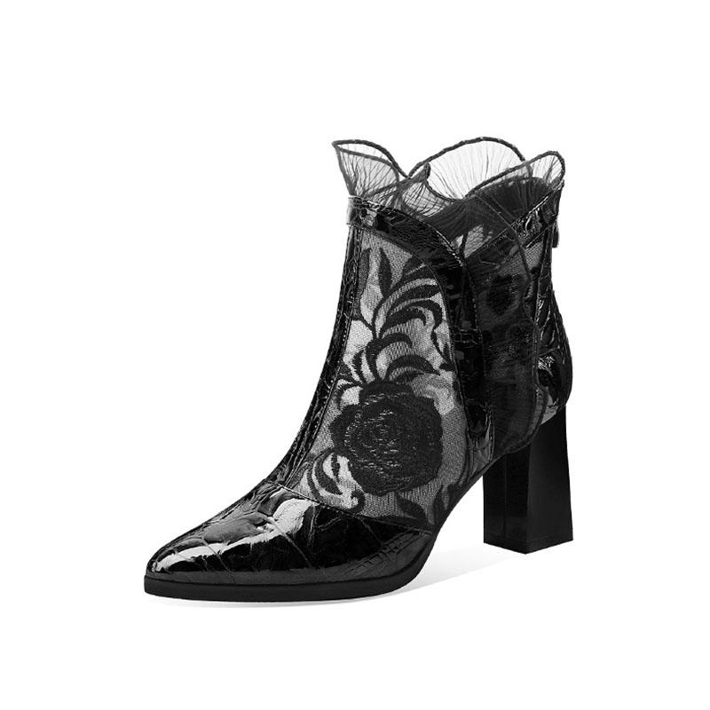 

Мода Comemore Весна Лето Кружево Сетка Туфли на Высоком Каблуке Этнический Стиль Женские Ботильоны Вышивка Острый Носок Короткие Ботинки На Толстом Каблуке Лодочки 38 чёрный