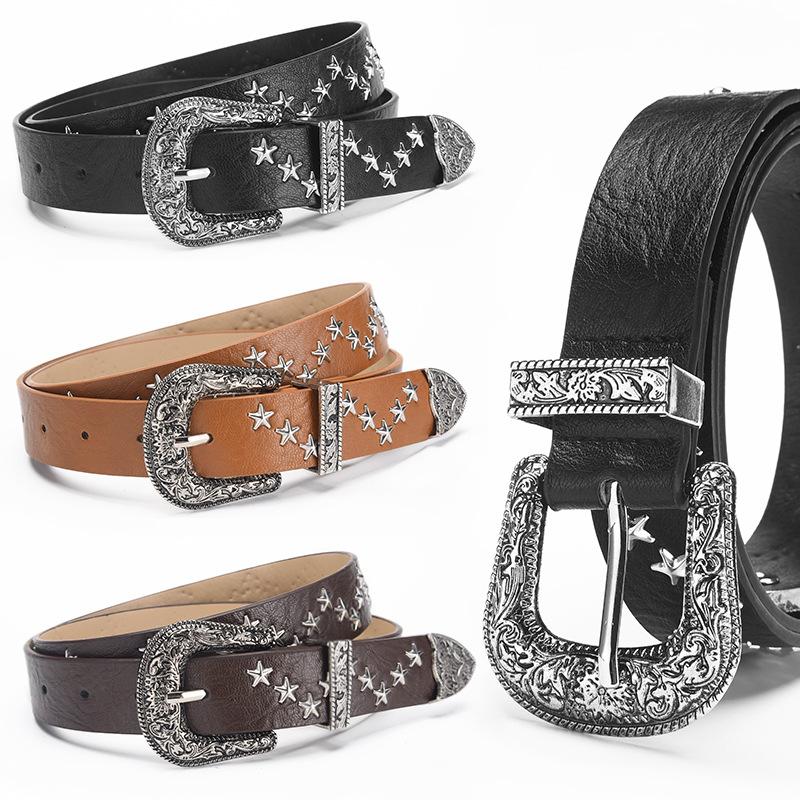 Star Rivet Pu Women'S Belt Goth Retro Versatile Jeans Accessories Girdle Hip Hop Punk Y2K Girls Pin Buckle Black Waistband