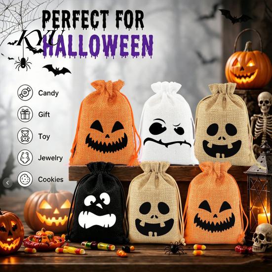 Cute Holiday Gift Sacks 2 Pcs Halloween Burlap Bags with Drawstring, Trick or Treat Ghost Face Pumpkin Prints Candy Pouch, Reusable Goodies