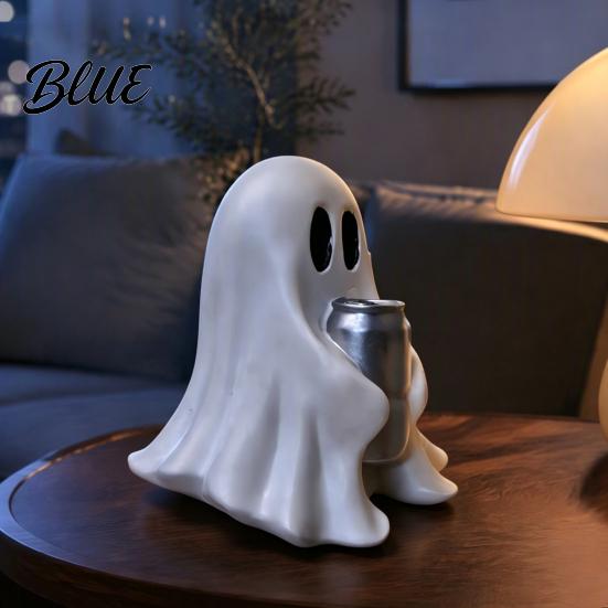 Halloween Themed Home Decor Ghost Figurine with Drinks Resin Statue Cute Spooky Desktop Table Ornament for Party Tabletop Decorations And