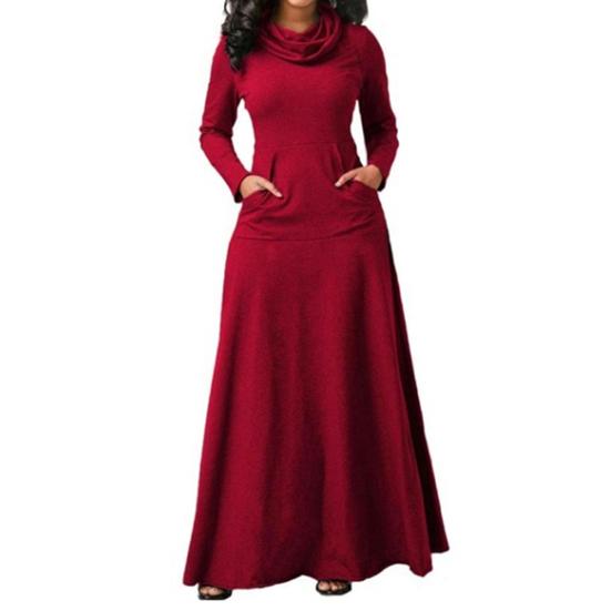 Plus Size Autumn Women Solid Color Cowl Neck Long Sleeve Maxi Dress with Pockets