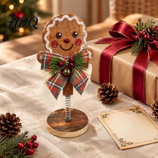 Vintage Christmas Room Decor Retro Wooden Ornaments Gingerbread Man/Reindeer/Snowman Figurine with Spring Base Nodding Elk Xmas Desktop Decorations