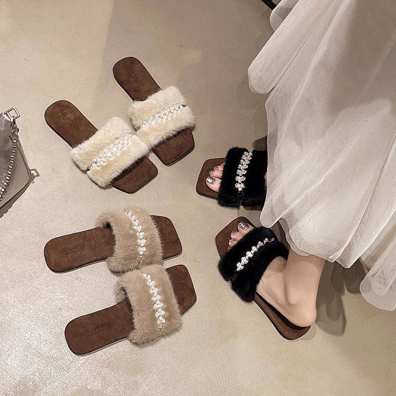 Flat-bottomed French versatile fluffy shoes women's shoes wear 2025 new autumn and winter soft-soled plush cotton slippers
