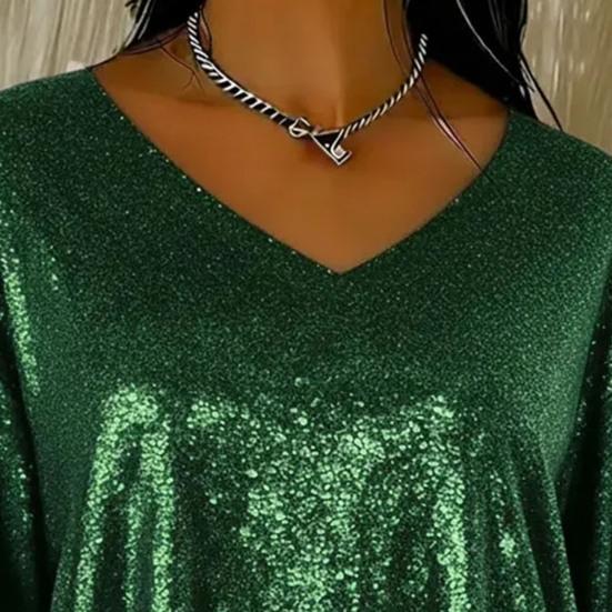 Women Tops V-Neck 3/4 Sleeves Loose Fit Pullover Tops Solid Color Loose Fit Glossy Design Casual Tops Women Clothing