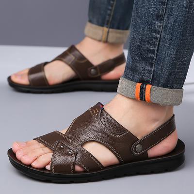 Heren Zwarte Leren Sandalen Zomer Bruin Outdoor Wandelsandalen Outdoor Brede Neus Strandschoenen voor Vader Extra Groot