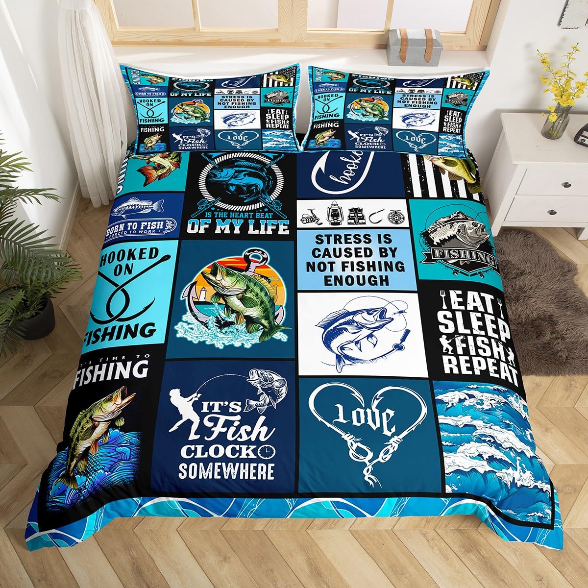 

Fishing Duvet Cover Sets For Adults Queen Size Quilt Covers Lightweight Down Room Decor 2 Pillowcases 1 Duvet Cover No Comforter EU Single(135*200cm)3pcs