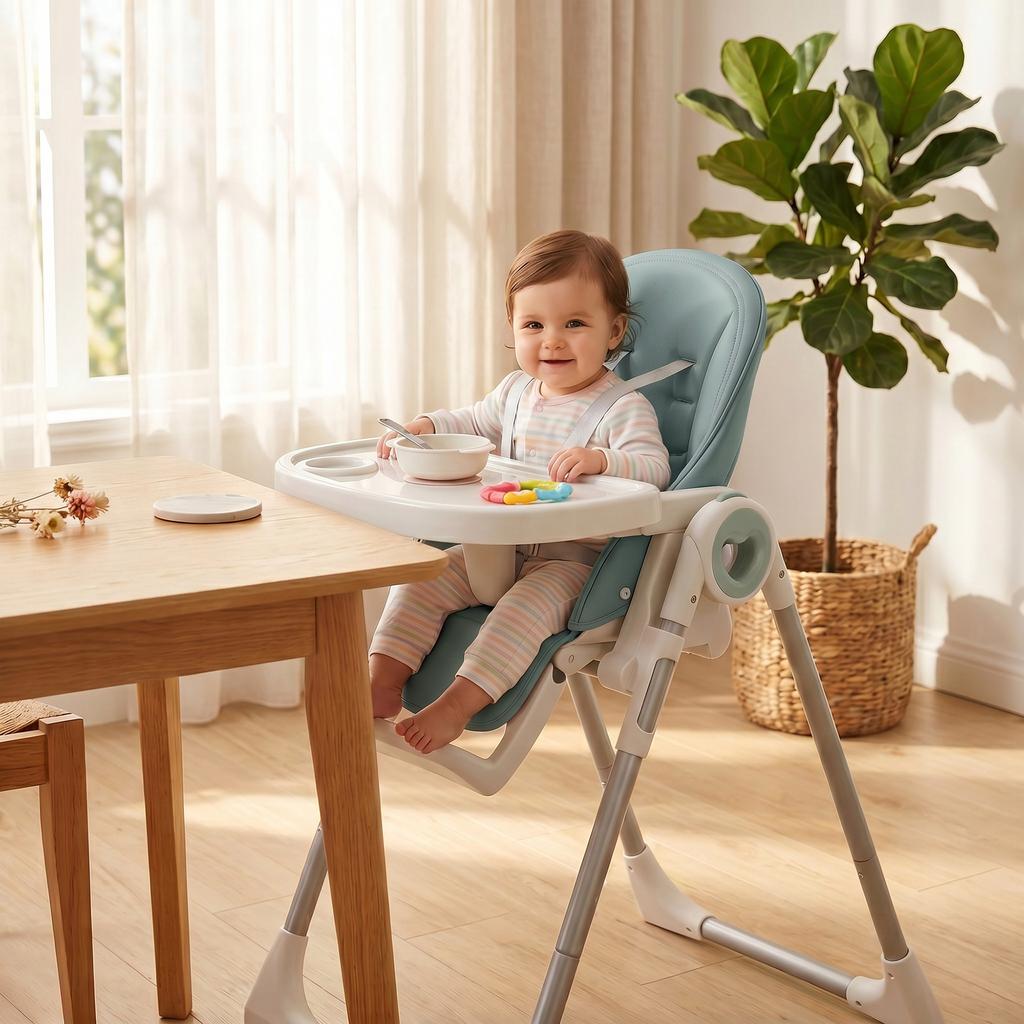 Folding High Chair, 6-36 Months, Adjustable Height, Double Washable Tray, Wheels, Green