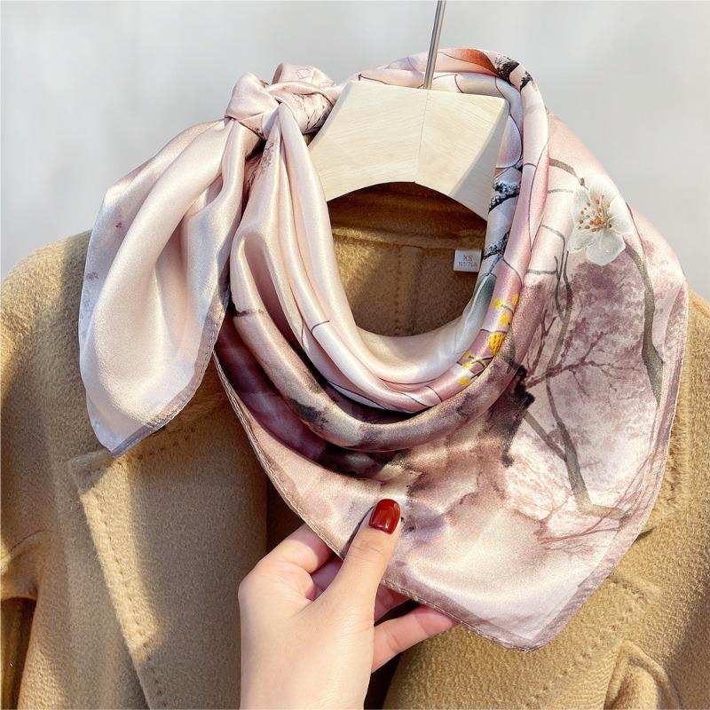 Spring new plain crepe satin silk scarf women's mulberry silk cherry blossom printing silk scarf versatile small square scarf
