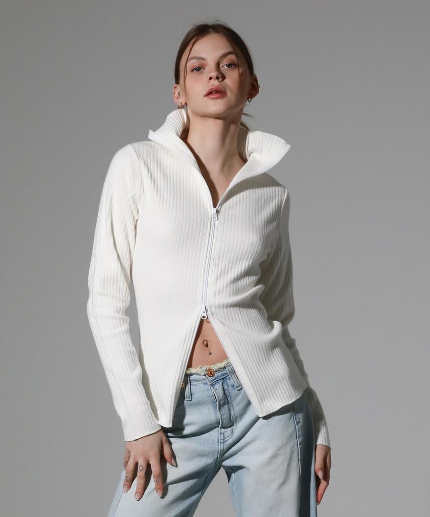 REEMNIK High-Neck Two-Way Zip-Up Ribbed Knit Top [White]