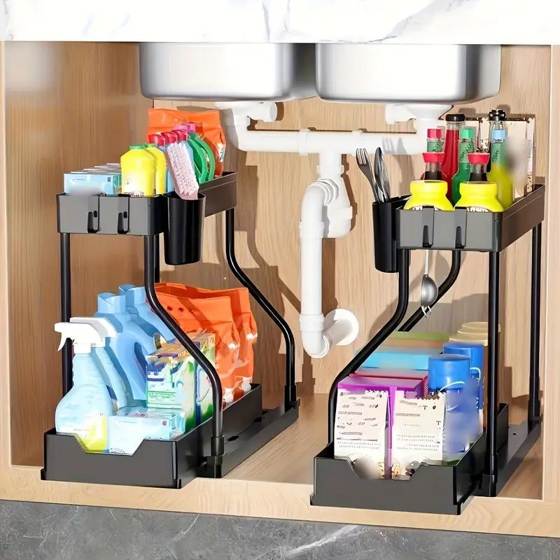 2-tier Pull-out Storage Rack - Ideal for Kitchen and Bathroom Organization, Holds Bottles, Spices and Cutlery Binet Organizer