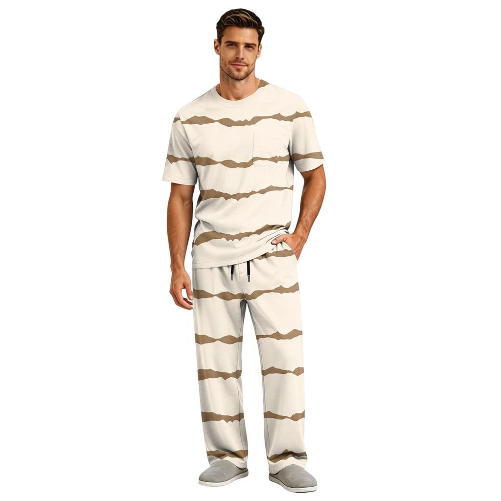 Men's Short Sleeve Pajama Set with Long Pants, Button Crotch, Elastic Waist Drawstring - Comfortable Sleepwear