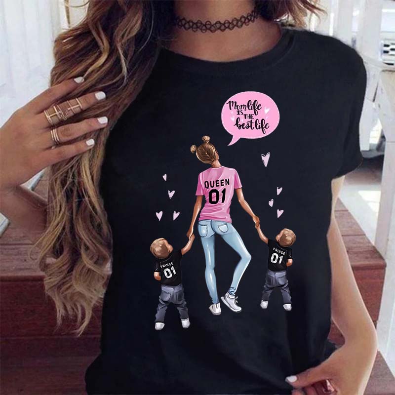 Maycaur Women Cartoon Mom Mother Boy Girl Print Mother Lady T-shirts Casual Top T Shirt Ladies Womens Graphic Female Tee T-Shirt