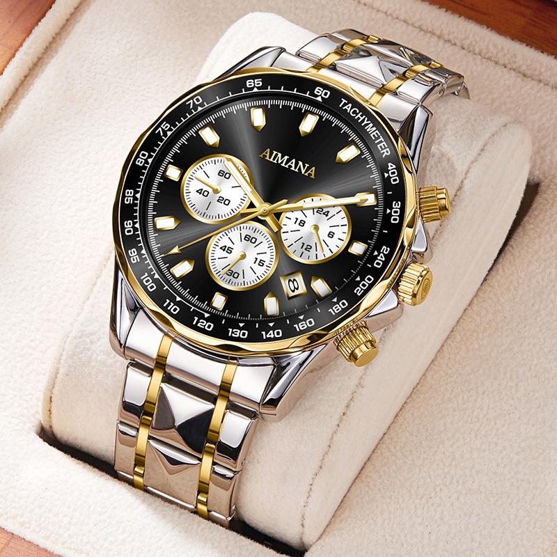 Men's Chronograph Quartz Watch Calendar Waterproof Luminous Stainless Steel Strap Luxury Wrist Watch for Men