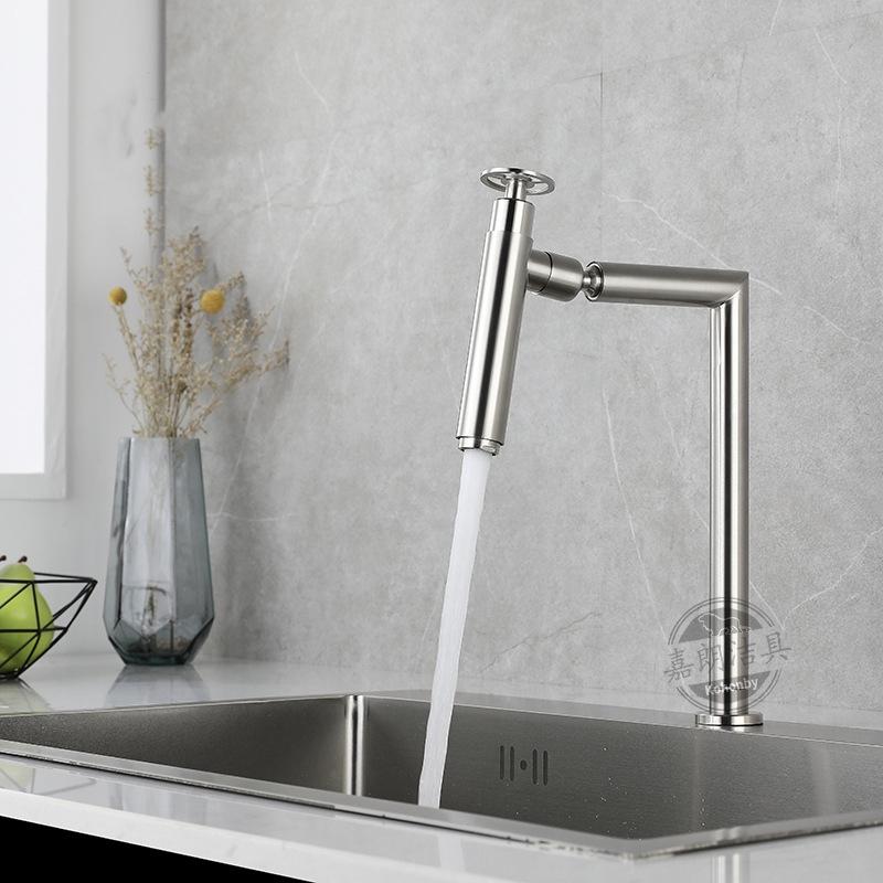 1pc 304 Stainless Steel Single Cold Kitchen Faucet Brushed/Black Microphone Sink Roller Ball 360° Rotatable Tap With 1 Hose