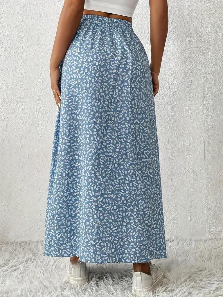 Women's Vintage High Waist Printed Long Skirt with Side Slit - Spring/Summer