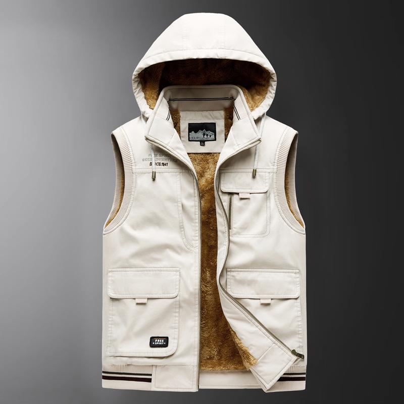 Men's Casual Fleece-Lined Cotton Vest with Shawl Collar & Multi-Pocket Design