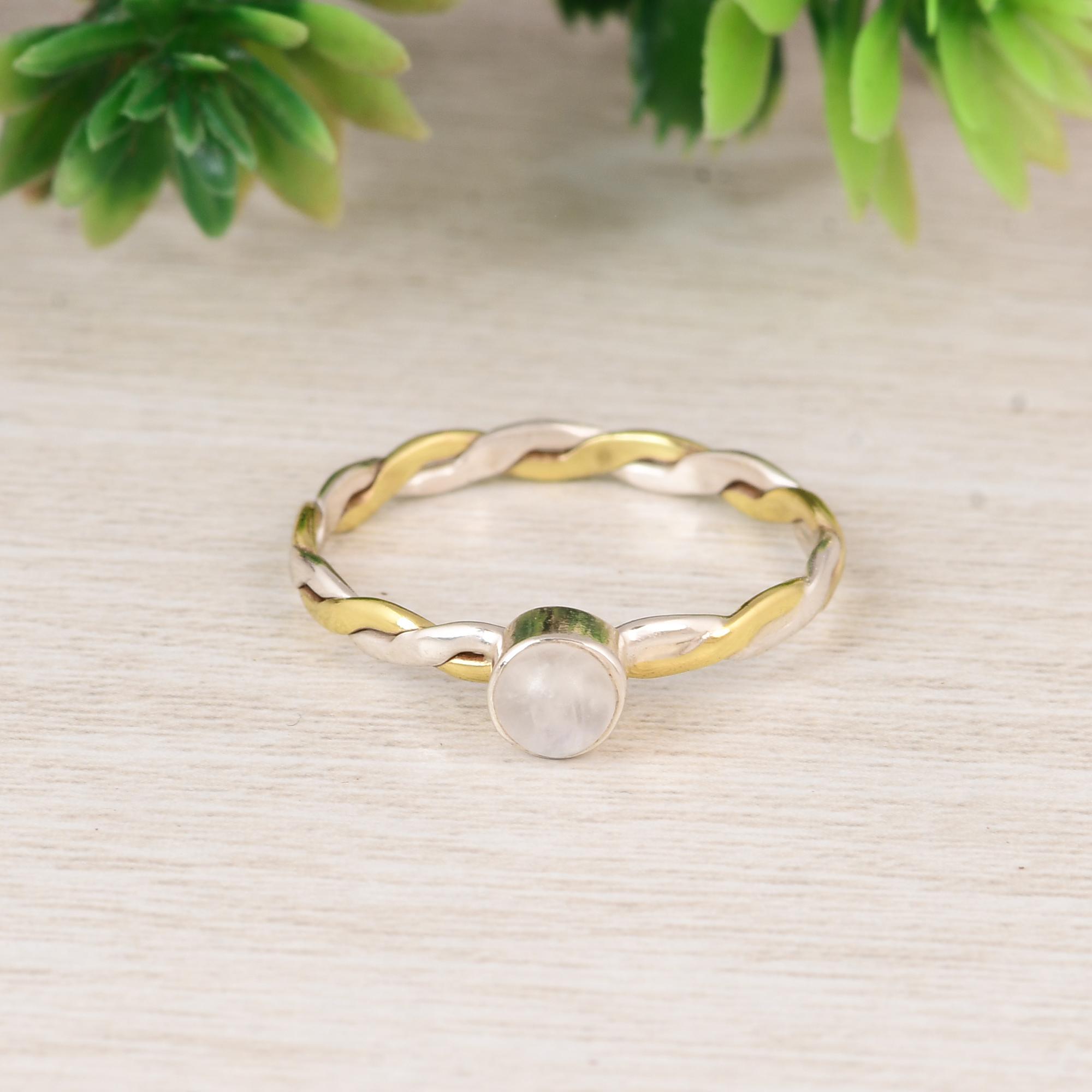 Moonstone Twisted Band 925 Sterling Silver Two Tone Ring, Minimalist Moonstone Ring, Handmade Stacking Ring, Gift for Her 5