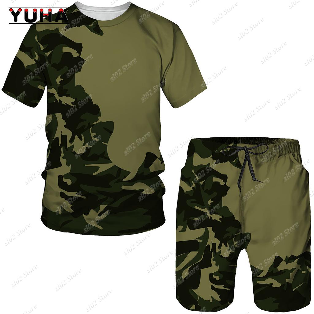 YUHA 2022 Summer Camouflage Tees/Shorts/Suits Men's T Shirt Shorts Tracksuit Sport Style Outdoor Camping Hunting Casual Mens Clo