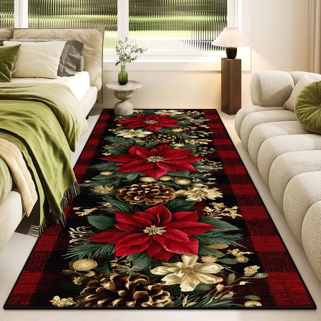 Merry Christmas Poinsettia Plaid Kitchen Rug Lliving Room Entrance Non-slip Door Mat Balcony Bath Floor Mat Christmas Decoration
