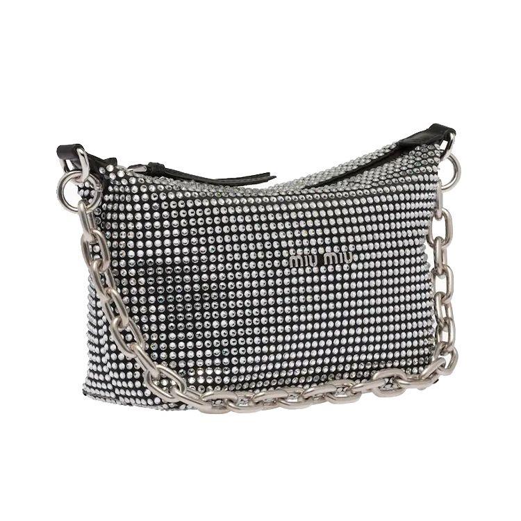 Miu Miu Miu Spirit Faux Crystal Decor Detachable Chain Satin Shoulder Tote Bag Women handbags Black 5BC103-2D5H-F0002-V-OOO