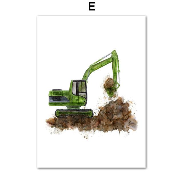 Jeřábový traktor, vysokozdvižný vozík, postřikovací bagr, závodní auto, malba na plátně, plakát a tiskárna, nástěnný panel, dekorace do dětského pokoje