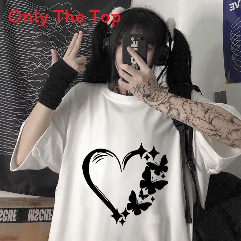 T Shirt Women Summer Loose Fit Heart Print Short Sleeve Graphic Tee For Casual Wear