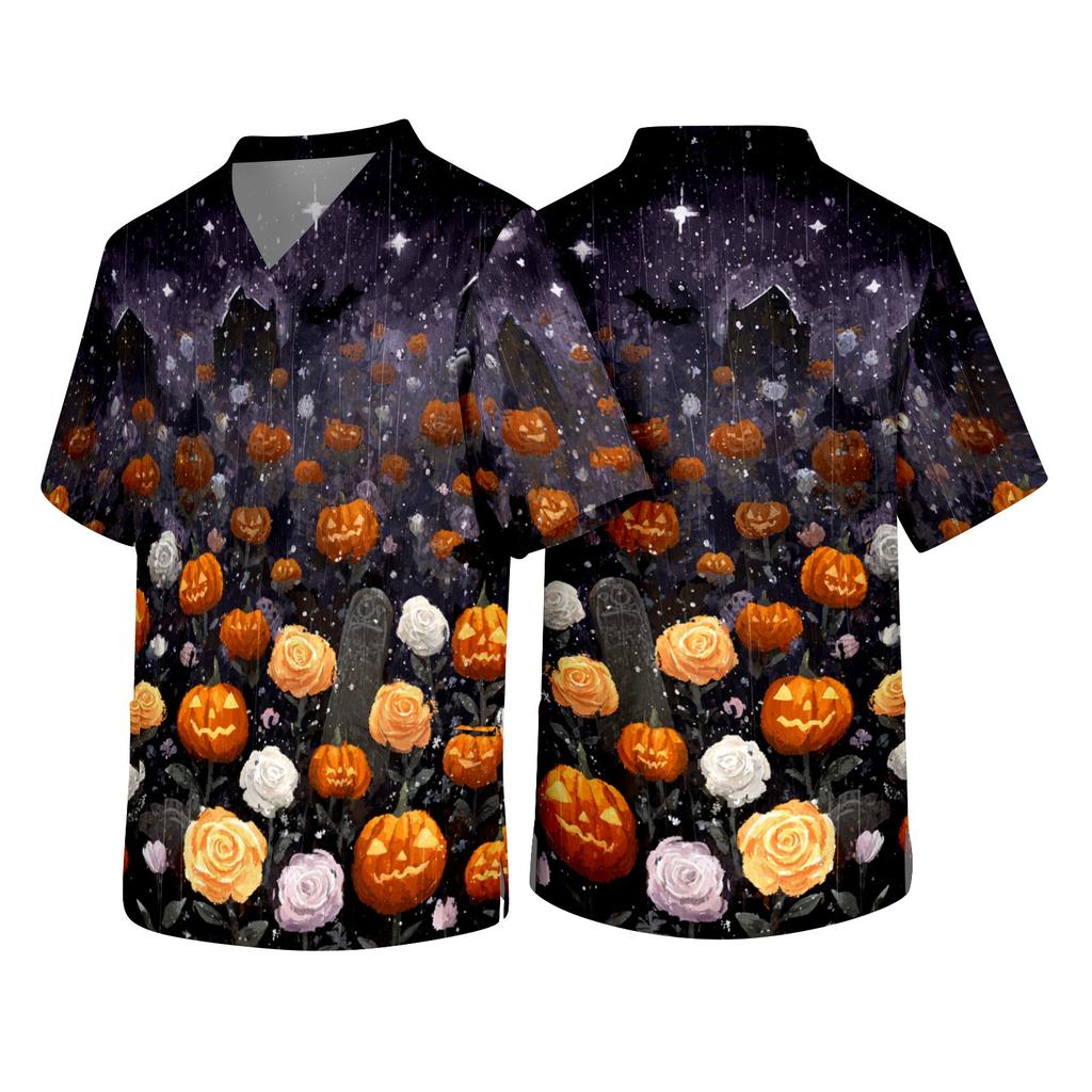 Men's Short Sleeve V Neck Halloween Print Medical Scrub Top with Chest Pocket Comfortable Fit Workwear for Healthcare Professionals