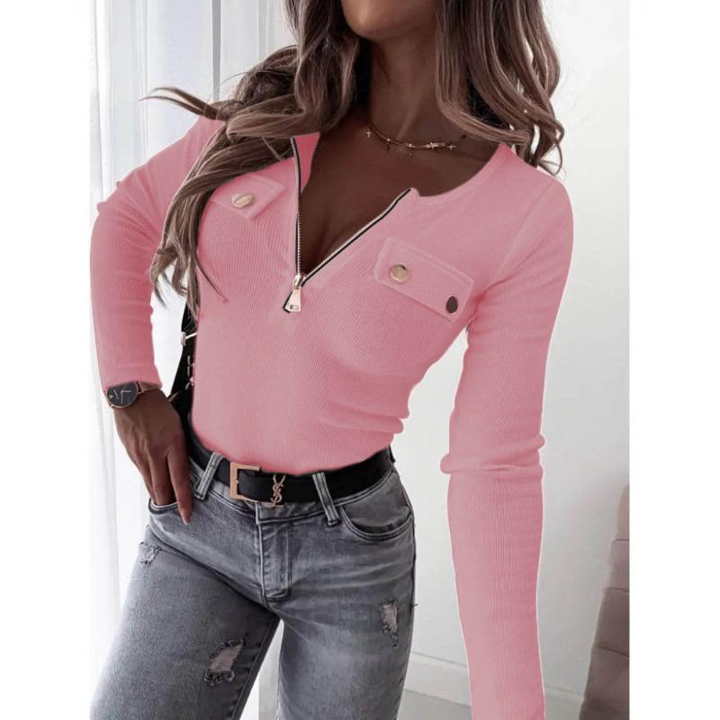 

Женская уличная мода осень и зима трикотажная облегающая футболка с длинным рукавом на молнии XS розовый