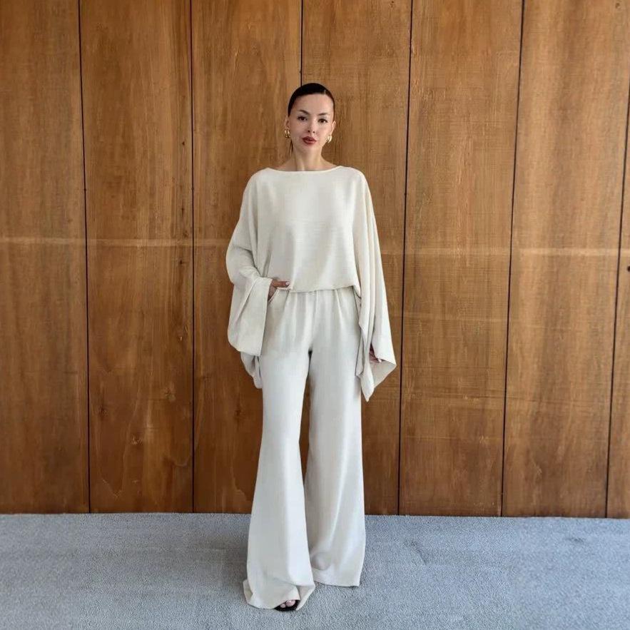 European and women s clothing new round neck loose long-sleeved top pocket mopping wide-leg pants casual suit XS белый