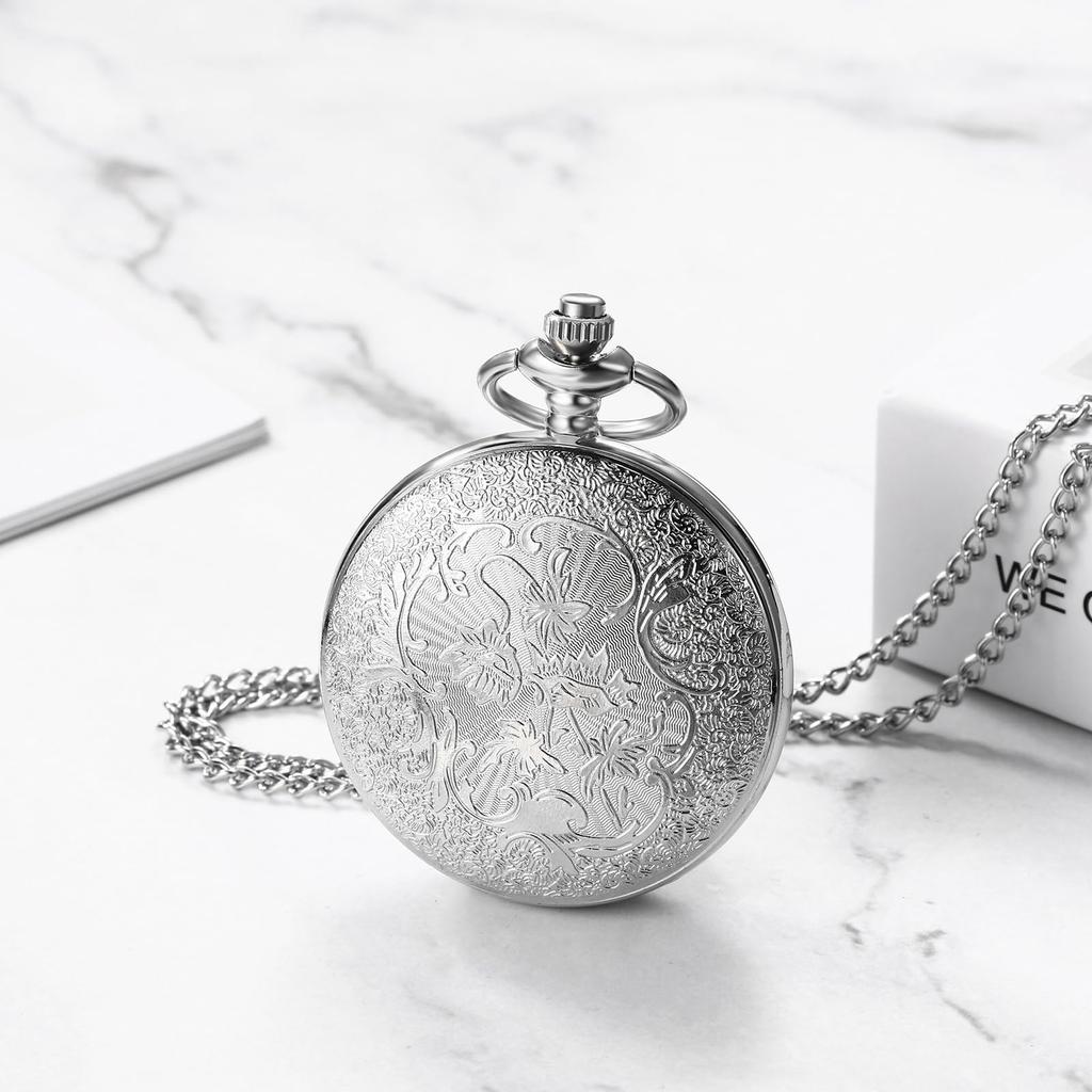 Pocket Watch Antique Roman Analog Display Waterproof Skeleton With Lid Pendant Necklace Pocket Watch With Chain Silver Retro Fashion Accessory