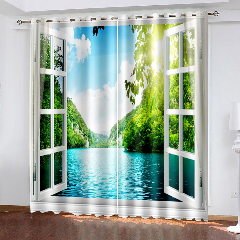 

3D Mountains Rivers Forest Landscape Sunshade Curtains 2 Panel Deluxe for Living Room Bedroom Home Decor 100W130H(CM)40x51in&Hook
