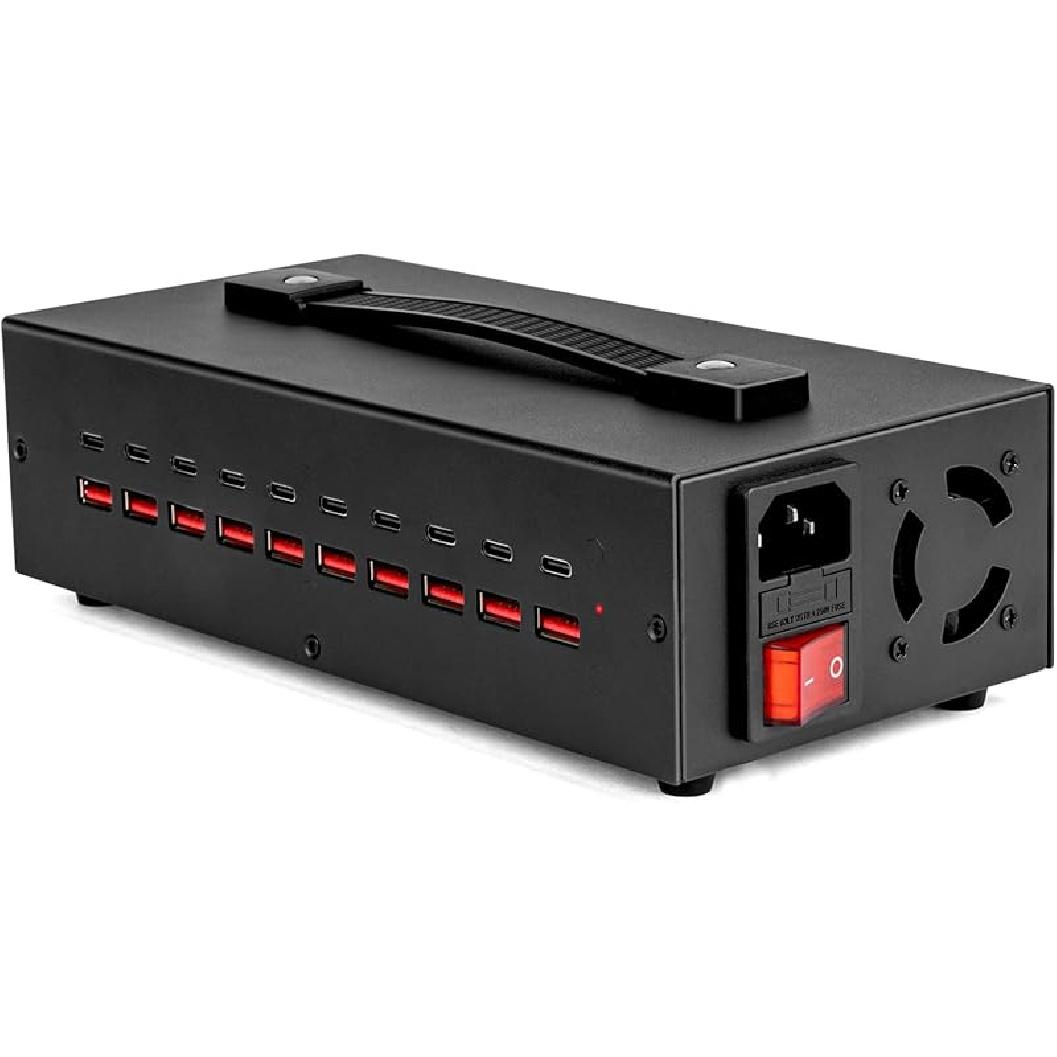 Портативный блок зарядного устройства USB-C, 200 Вт(20А) 20-портовый (10 портов USB A и 10 портов USB~C) Домашняя USB-станция для зарядки нескольких устройств, Настольное USB-зарядное устройство для настенной розетки ZETX200U