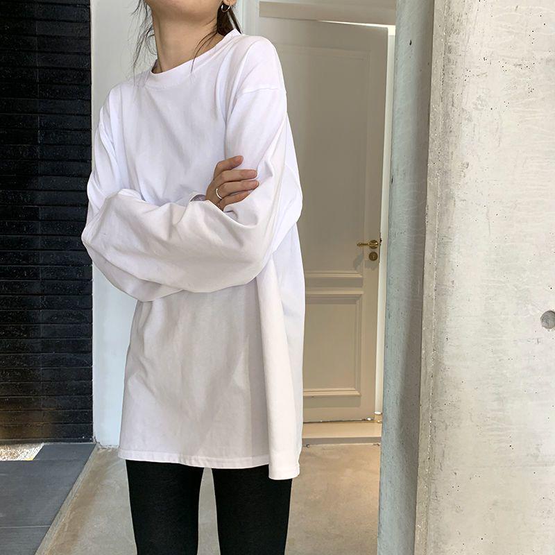2025 European & American Women's White Long-Sleeve T-Shirt - Loose Fit, Korean Style, Trendy Autumn Top for Students.