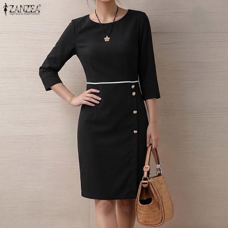 ZANZEA Women Casual Round Neck 3/4 Sleeve Elegant Sheath Dress