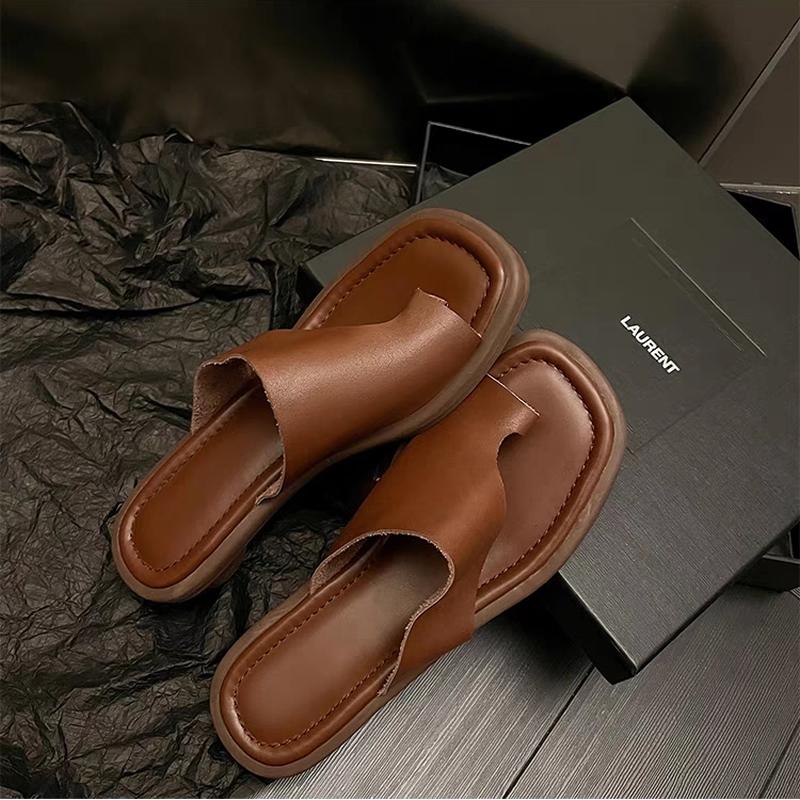 

Женские шлепанцы из коровьей кожи, летние, новые, однотонные, с квадратным носком, современные тапочки, женская уличная обувь, корейский шик, шлепанцы на низком каблуке 40 коричневый
