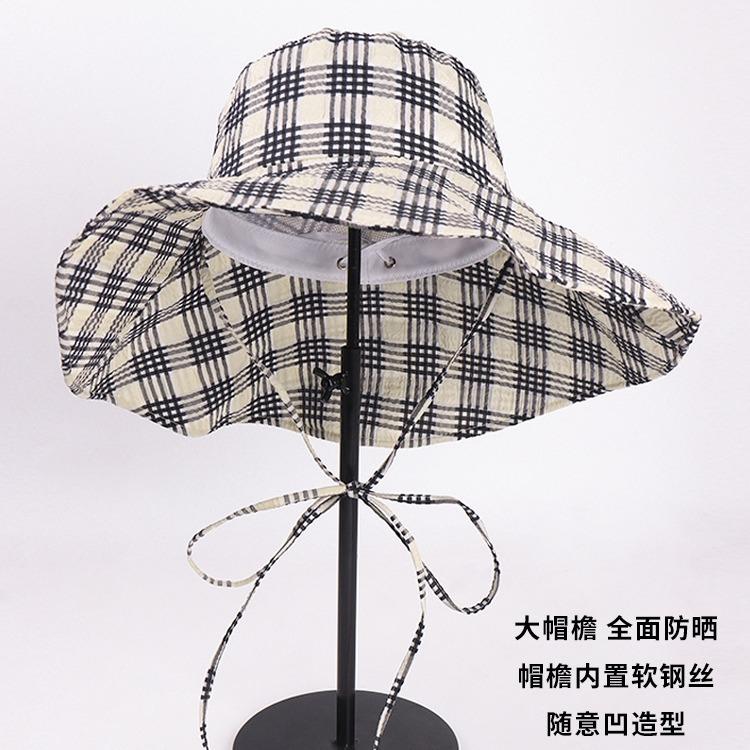 Zhao Ruth Plaid Sunscreen Bucket Hat Women's Summer UV Protection Big Brim Showing Face Small Sun Hat