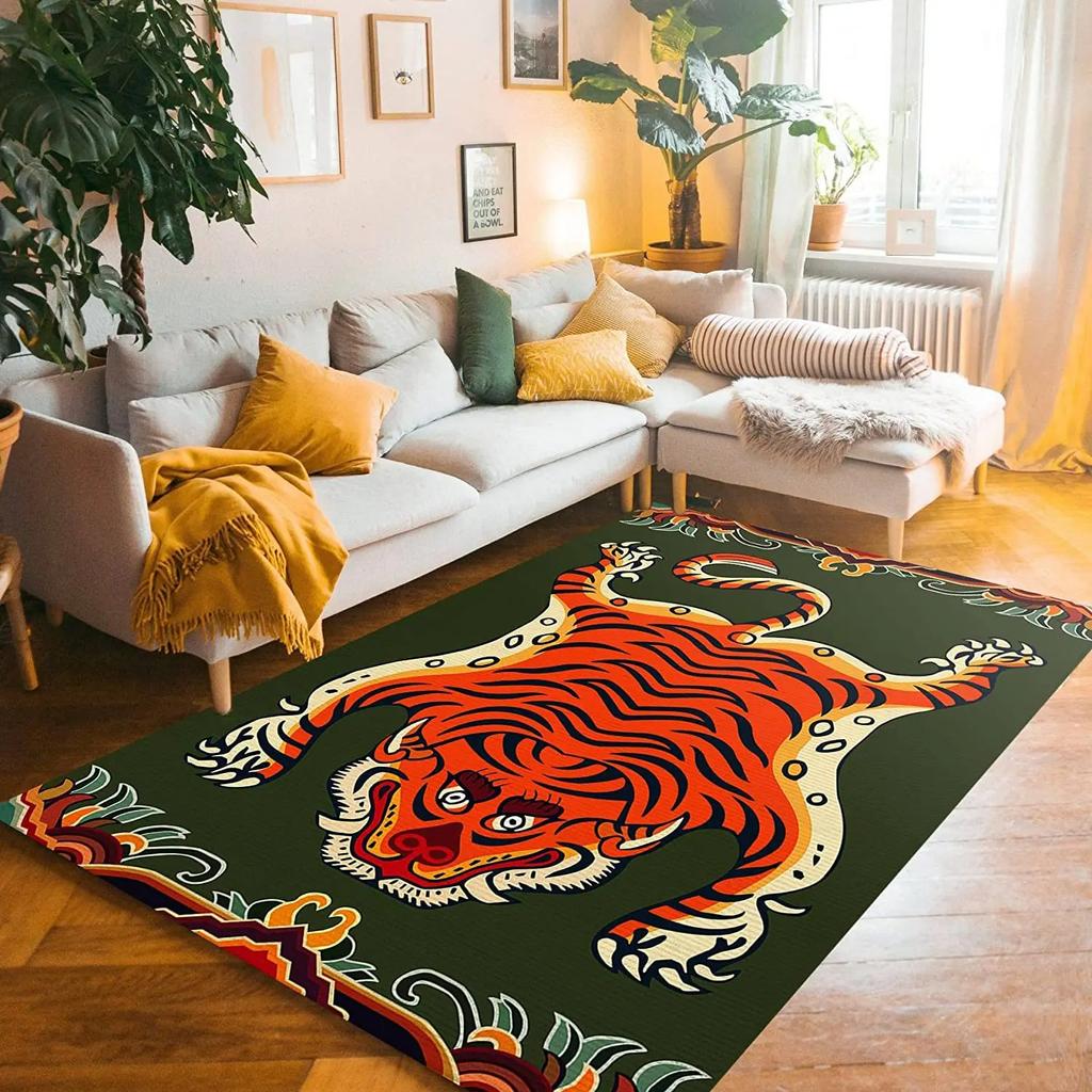Tiger Artistic Pattern Vintage Inspired Vibrant Colors Playful Design Living Room Kids Bedroom Home Decoration Carpet Mat Rug