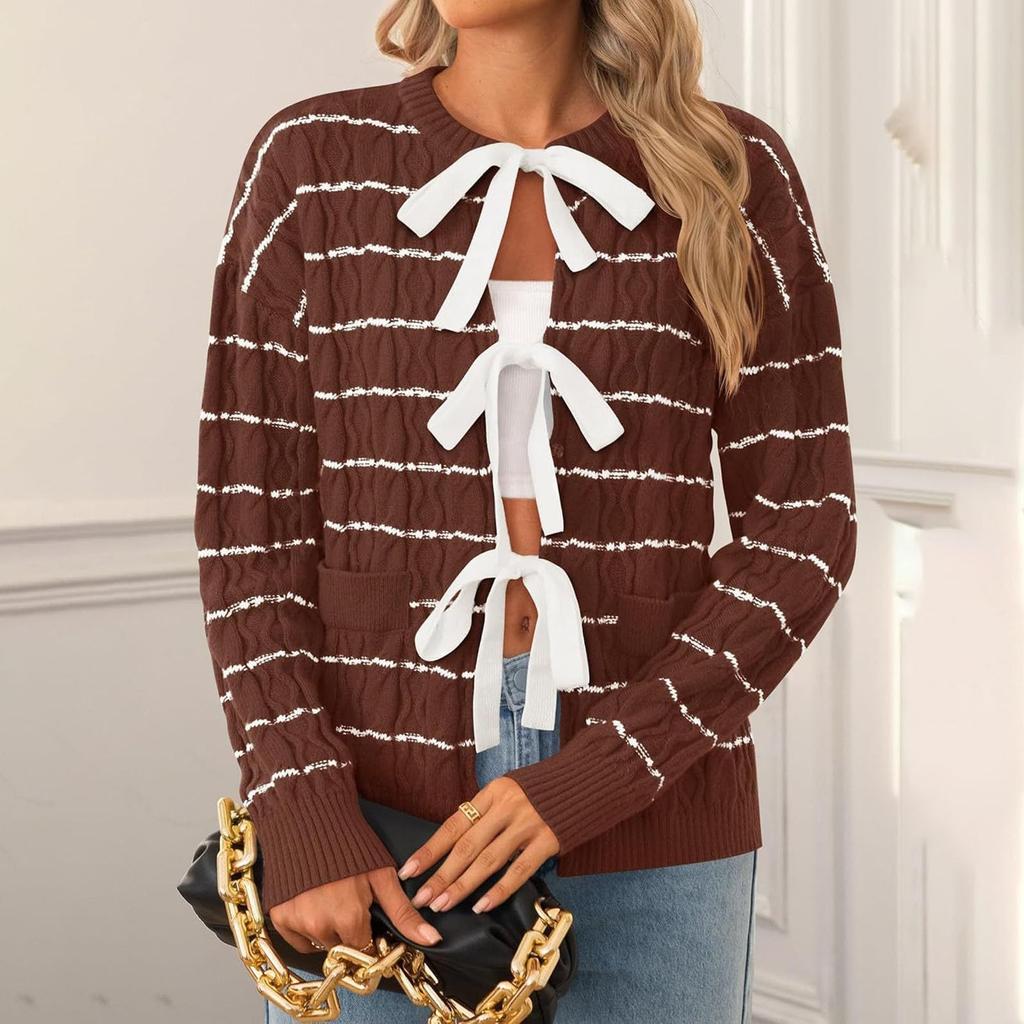 Women's Fashion Tie Long Sleeved Loose Casual Versatile Striped Sweater Jacket Sweater