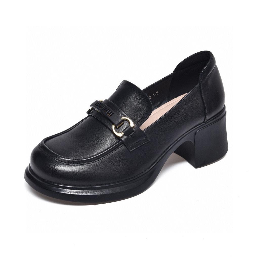 Round Head High-heeled Women's Shoes Spring New First-layer Cowhide Waterproof Platform Thick-soled Single Shoes Women's Small Leather Shoes