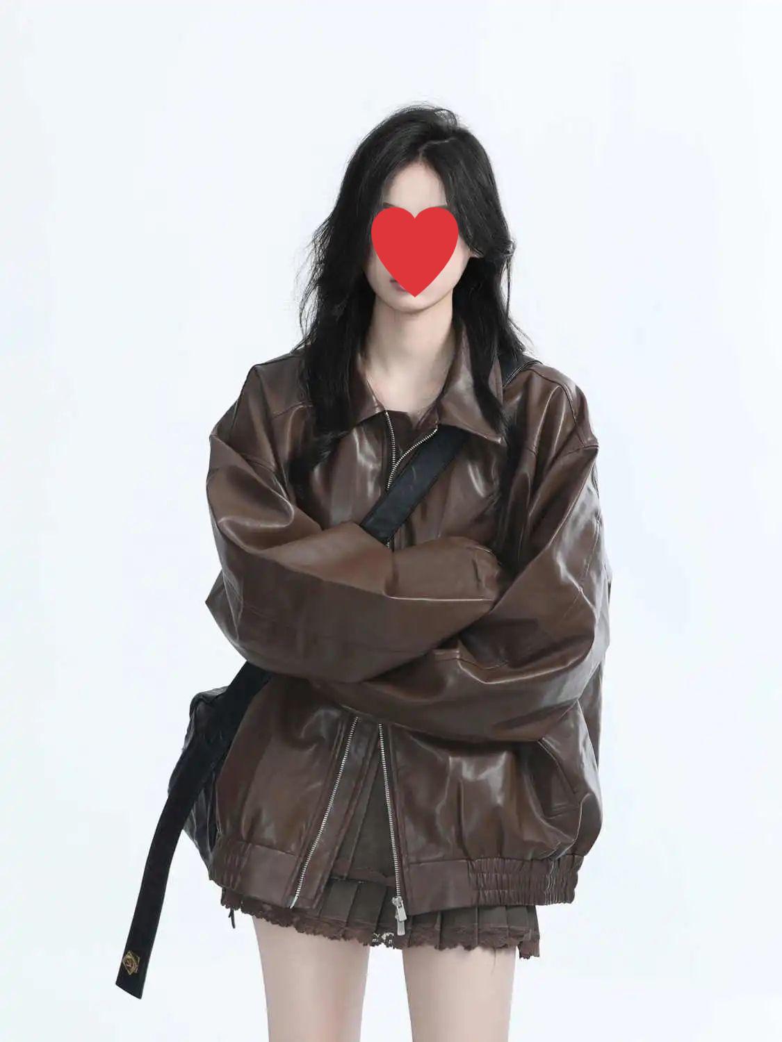 

Women s 2026 Autumn American Retro PU Leather Biker Jacket In Brown Melange XL