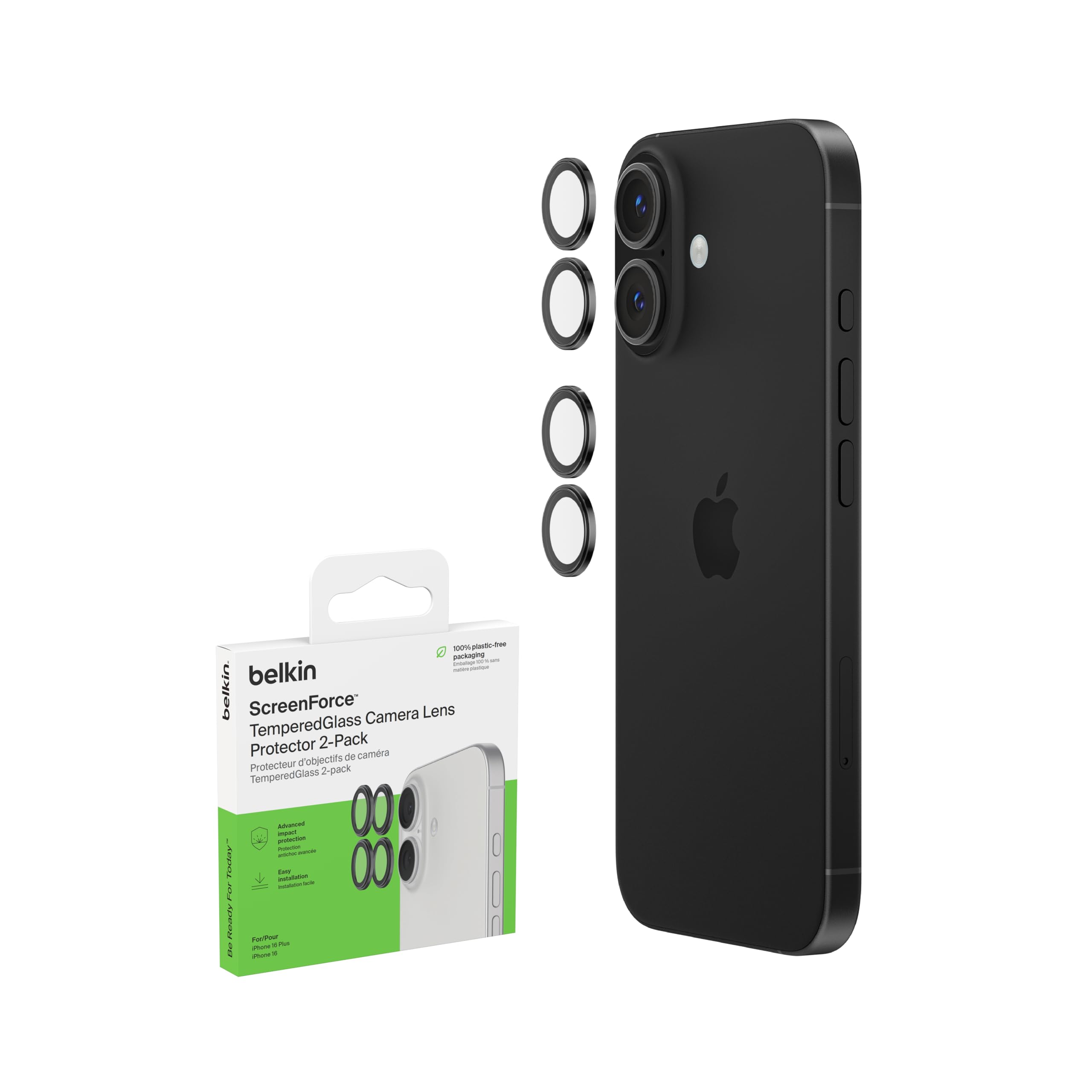 

Belkin Lens Protector for iPhone Set of Tempered 9H Easy Installation Kit OVA181fqBK Cover/Camera 16/16 Plus, 2, 0.33mm Glass, Hardness, Included,