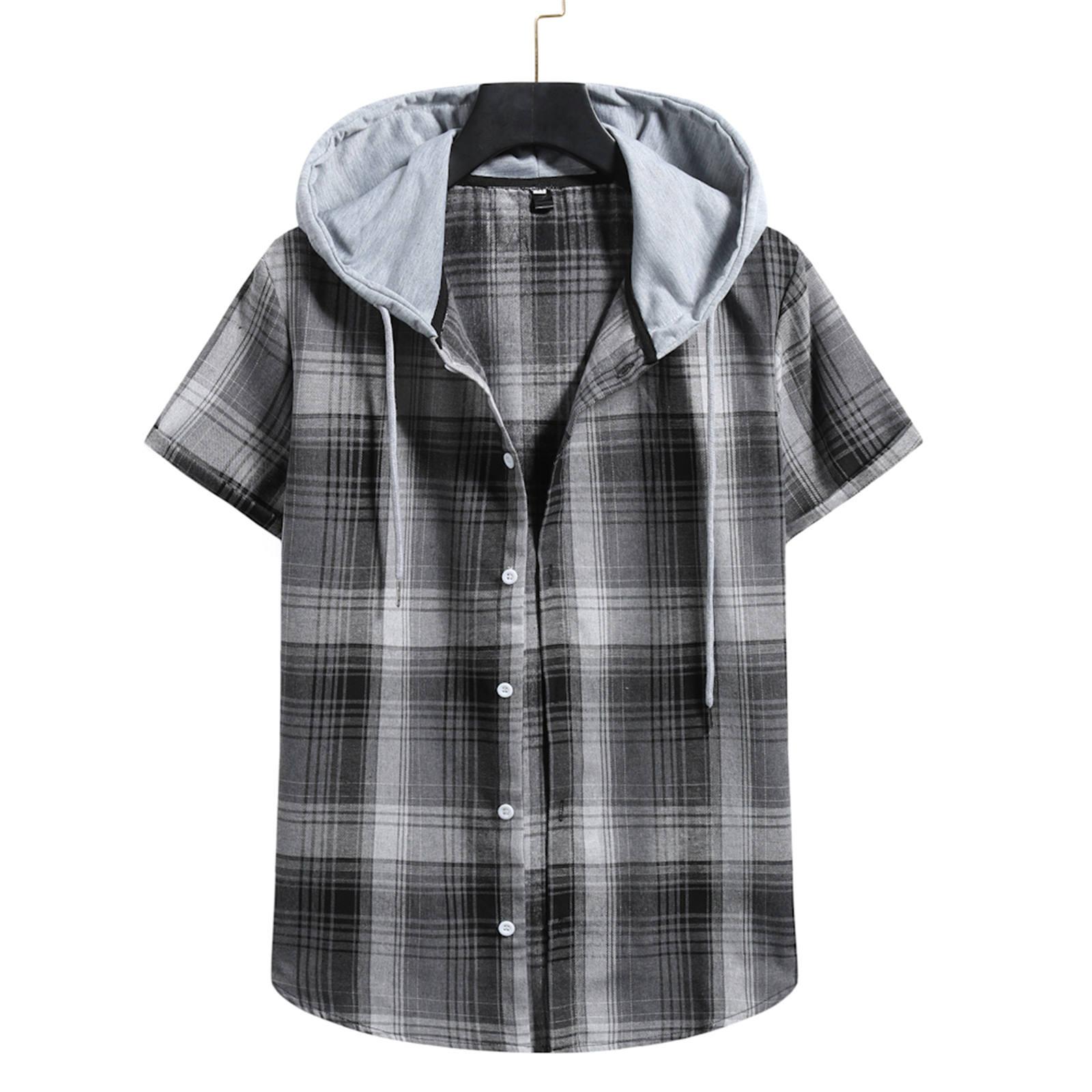 

(SU)Мужская летняя повседневная свободная рубашка в клетку с капюшоном и короткими рукавами XL серый