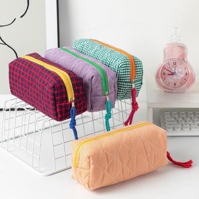 Large Capacity Plaid Pencil Case & Portable Cosmetics Storage Bag