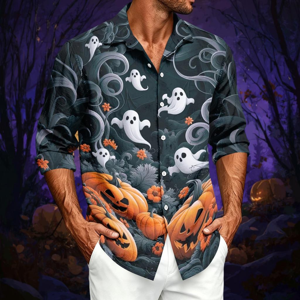 Men's Casual Long-Sleeve Shirt with Halloween Print for Spring ,Summer and Fall